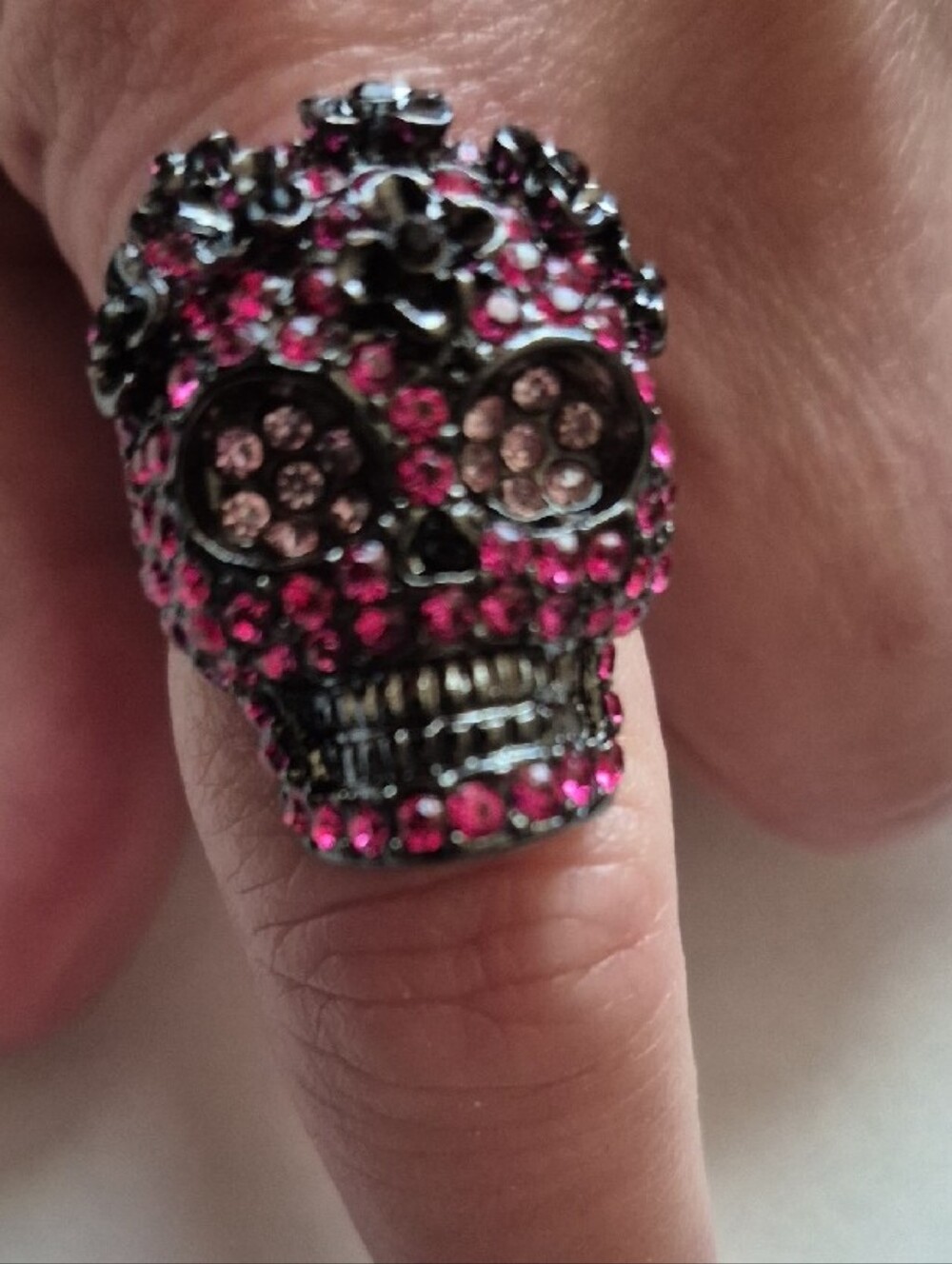torrid Pink Crystal Skull Ring with Black Metal Floral Accents - Picture 2 of 2